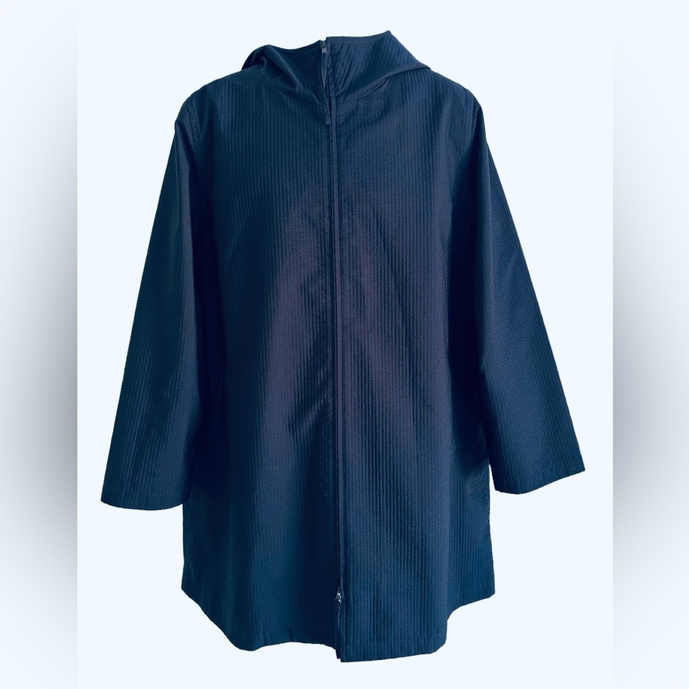 EILEEN FISHER WOMENS COAT DOUBLE ZIP SEERSUCKER NAVY BLUE HOODED‎ HOODIE LINED M